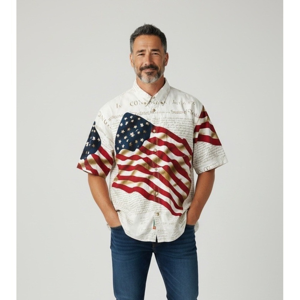 Cotton Traders Sport Shirt Mens L Cream Patriotic Flag Declaration